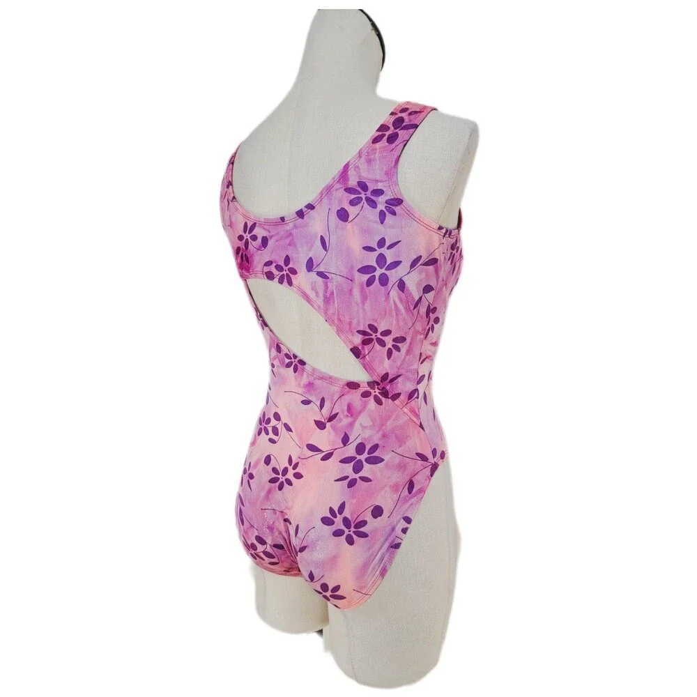 Satara VTG Asymmetric Cutout Glittered Floral Tank Leotard Size AL Pink Marble - Picture 9 of 16